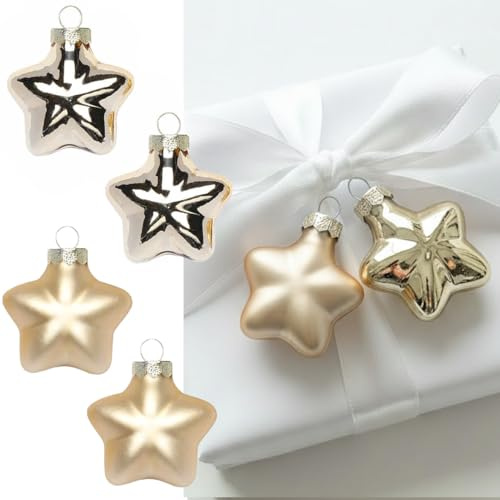 Mini Weihnachtskugeln Geschenkanhänger aus Glas | Kleine Christbaumkugeln Formen für Deko, Geschenke oder den Weihnachtsbaum (Brokatgold, 8 Sterne 4cm)