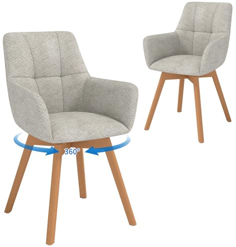LEWE Esszimmerstühle Drehbar 2er Set mit Armlehne und Holzbeinen, Grau | 360°Drehstuhl, Polsterstuhl mit Ergonomische Stoffrückenlehne, Stühle für Esszimmer, Küche, Wohnzimmer, Schlafzimmer