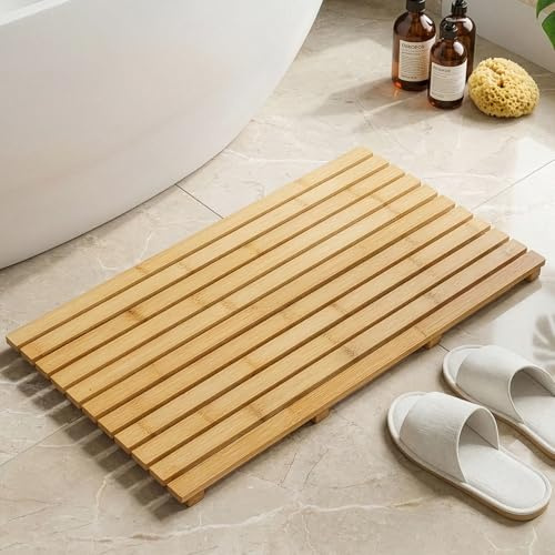 M.J COMFY-LIFE Premium Bamboo Wooden Bath Mat for Bathroom, Large 60x35cm Anti-Slip Board Shower Mat for Indoor & Outdoor Use, Spa, Pool, Sauna - Quick Dry Bathroom Floor Mat with Rubber Feet
