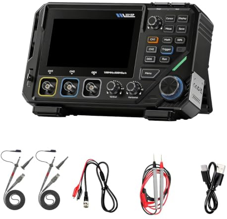 2D15P Osciloscopio Digital de 100 MHz, 3 en 1 Multímetro/Generador de Señales DDS/Osciloscopio, 2 Canales, Multímetro de 4,5 dígitos, 19’999 TRMS, Muestreo de 500MS/s, Pantalla Táctil de 4,3