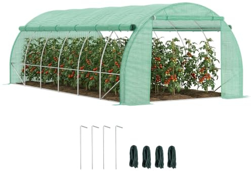 Outsunny Serre de Jardin 18 m² avec Porte 12 Fenêtres 6L x 3l x 2H m Vert | Parois Latérales Zippées Enroulables, Acier, PE Haute Densité 140 g/m² Anti-UV