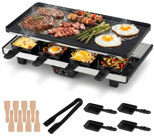 LIFEZEAL Appareil à Raclette et Grill 1400w, Grill de Table Électrique 2 en 1 avec Thermostat Intégré, Plaque Antiadhésive Réversible, 8 Poêlons, 8 Spatules Bois&Pince, BBQ Fête Camping, 48x24x12cm