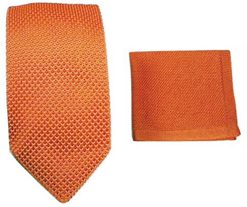 L&L® Hand Made Men's Fashion Knit Knitted Tie+Hankerchief Set Hanky Woven Pointed UK (Orange)