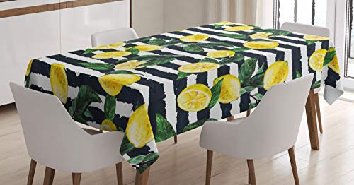 ABAKUHAUS Zitrone Tischdecke, Frische Zitronen Gestreifte, Inn und Outdoor Bereich geeignet Waschbar Druck Klare Farben Kein Verblassen, 140 x 200 cm, Jägergrün Indigo Gelb