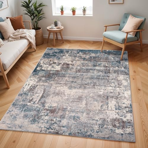 Livabliss Miami Wohnzimmer Teppich modern – Abstrakt Design in Marmor Optik für Wohnzimmer 160x213 cm, Esszimmer, Schlafzimmer - Marmor Teppiche groß, weicher Teppich Kurzflor in Blau, Grau und Taupe