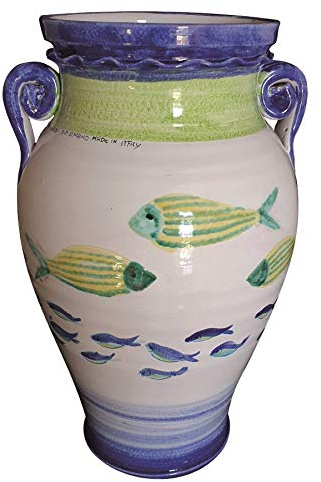 Generico Ceramiche Angela Rinaldi Portaombrelli con Pesci in Ceramica di Vietri Dipinto a Mano, Altezza 50 cm, Diametro della Pancia 30 cm, Giara Anfora Vaso Maiolica Arredo Casa a Mare