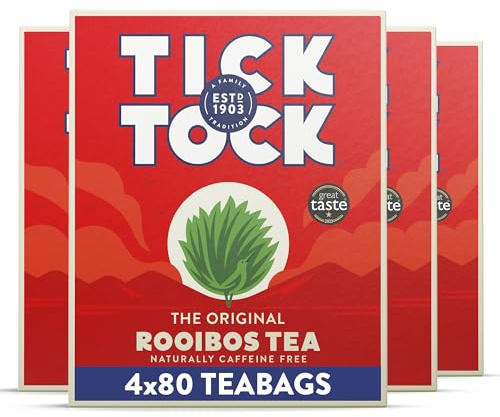 Tick Tock Rooibos Tea, Caffeine-Free Tea, Pack of 4 x 80 Tea Bags (320 Teabags), Naturally Sweet Herbal Tea, Biodegradable Tea Bags, Rooibos Tea UK, Redbush Tea for Wellbeing and Relaxation