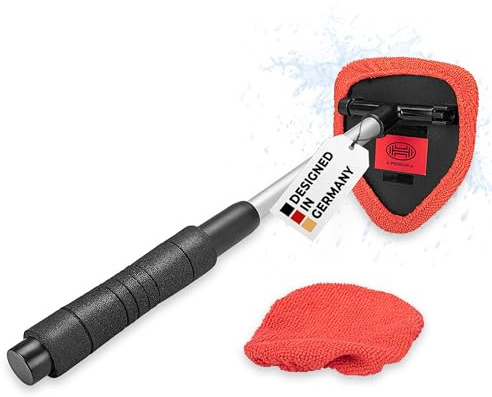 HEYNER® Scheibenreiniger ausziehbar aus Aluminium mit 2 Microfaserpads | zwei waschbarer Ersatzbezüge, Teleskopstange verstellbar von 33 bis 50 cm, Flexibles Kopfteil, Ergonomischer Griff