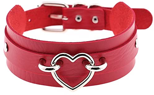 Aabellay Breit Lederhalsband Halskette Herz Form Damen Leder Choker Metall Ring Halsband Gotik Punk Rock Lederband Einstellbar Kragen - Rot mit Silber Herz