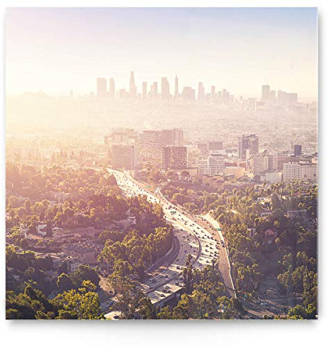 Wunderschönes Deko Wand-Bild Skyline LA 50x50cm klein. Modernes quadratisches 5mm Acrylglasbild Foto-Motiv Sonnenaufgang, für Bad, Küche, Wohnzimmer, Esszimmer. Inkl. Befestigung