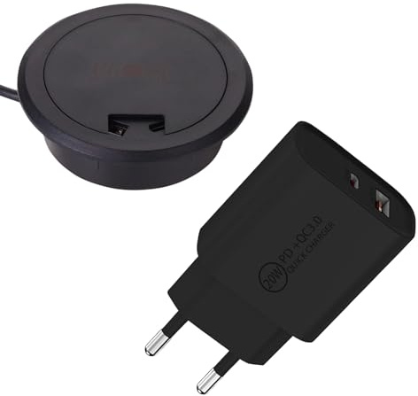 SOTECH Wireless Charger WLC-03 Ø 75 x 19 mm schwarz inkl. USB A + C | Netzteil 20 W Tischladegerät zum Einbauen in Möbel mit Quick Charge 3.0 - induktive Ladestation für Qi fähige Smartphones