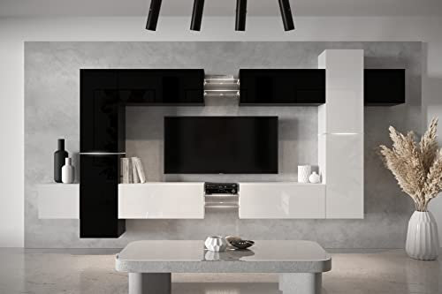Furnitech Wohnwand Wohnzimmer - Möbel mit LED RGB - 16 Farben - Hängend Wohnwand Modern - Schrankwand mit Regale und TV Schrank (AN91NEW-21BW-HG4)