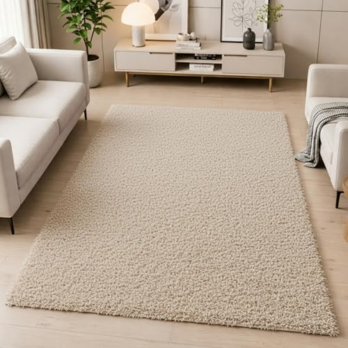 Teppich-Traum Moderner Shaggy Teppich Hochflor Uni Beige 140x200 cm | Flauschig und weich, pflegeleicht, strapazierfähig, formstabil, saugrobotergeeignet, OEKO-TEX geprüft, Wohn- & Esszimmer