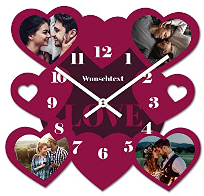 PhotoFancy® - Fotouhr aus Kunststoff - Uhr mit Foto Bedrucken - Wanduhr mit eigenen Fotos gestalten - 26 cm - Zeiger Weiß - Layout Herzen