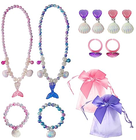 2-teiliger Mädchenschmuck, Muschel-Meerjungfrau-Perlenkette, Armband, Ring, Ohrringe, 4-teiliges Set, Perlenverzierung, Geburtstagsgeschenk mit 2 Aufbewahrungsbändern