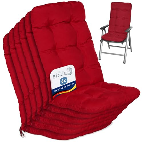Beautissu 6er Set Hochlehner Auflagen für Gartenstühle Outdoor Stuhlkissen | 120x50x8cm Rot Sitzpolster Gartenstuhlauflage für Gartenstuhl Rückenlehne hoch Polster Sitzauflage Terrasse Flair HL