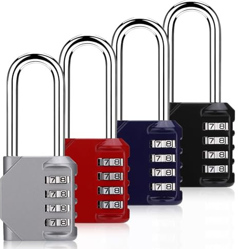 4 Stück Zahlenschloss Vorhängeschloss, Lange Schäkel 4-Stellig Spindschloss, Wetterfestes Zinklegierung Vorhängeschloss mit Zahlencode, Rostfest Schloss für Fitnessraum Spind Garten Schuppen (B)