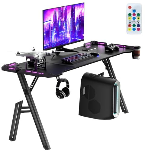 VA-Cerulean Gaming Tisch Schreibtisch mit LED, 160 x 60 cm PC Kohlefaseroberfläche Tisch inkl. Getränkehalter & Kopfhörer Haken, Einfache Montage, Höhe 73cm, Schwarz