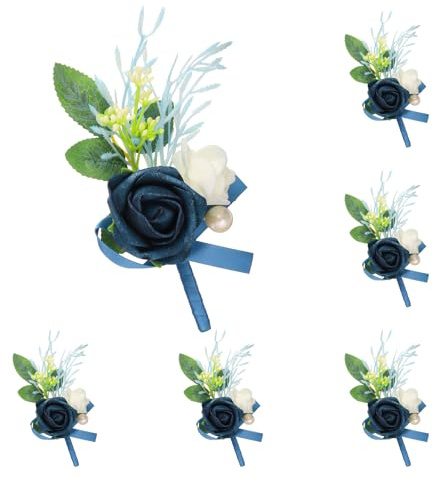 QUARKZMAN 6 Stück Navy Blue Anstecksträuße für Männer, künstliche Blumenknopflöcher Taschenanstecker mit Anstecknadeln für Hochzeit Braut Bräutigam Zeremonie Jubiläum formelle Party