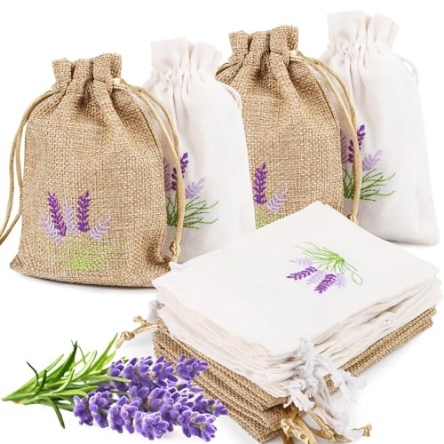 Lavendelsäckchen Leer 12 Stück, Lavendelsäckchen zum Befüllen, Säckchen mit Kordelzug zum Befüllen, Kleine Baumwolle und Leinen Säckchen für Lavendel, Gewürze, Kräuter, Schmuck, Süßigkeiten