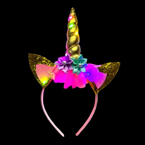 BF Souvenirs LED Einhorn Haarreif – blinkend & leuchtend Einhorn Kopfschmuck für Kinder & Erwachsene – Haarreif Einhorn mit Horn & Glitzer-Ohren – Party, Kindergeburtstag, Fasching, Karneval