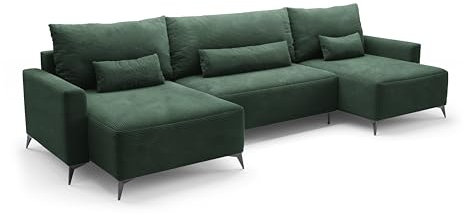 PAMIR24 Ecksofa mit Schlaffunktion und Bettkasten - Couch U-Form - Cord-Stoff Schlafsofa Sofa LOFT U (Grün)