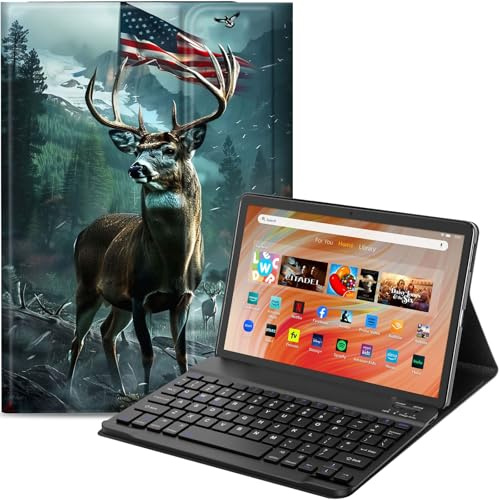 Qindaiwen Keyboard Case for Amazon Fire HD 10 Tablet (13th/11th Generation,2023/2021 Release) 10.1, PU Leather Stand Cover with Detachable Bluetooth Keyboard, Deer 2