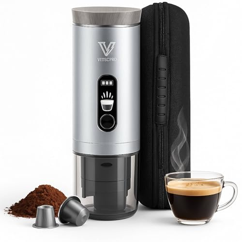 Vitecpro® Caffettiera Portatile Espresso Viaggio con Valigetta, Macchina Caffè a Batteria per Cialde, Portable Espresso Maker da Auto, Caffè Espresso Portatile (Alluminio)