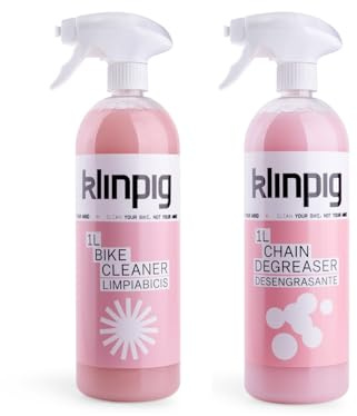 KLINPIG - Kit Limpieza Bicicleta, Limpiador y Desengrasante, 1 L, Elimina Suciedad y Restos de Lubricante, Fórmula Biodegrable, pH Neutro, No Daña Pintura ni Reseca Gomas, Agradable Olor y Color Rosa