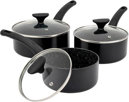 3 Piece Non-Stick Saucepan Set with Tempered Glass Lids - 16cm 18cm 20cm Sauce Pot Induction, Gas and Electric Hobs Forged Aluminium Milk Pan