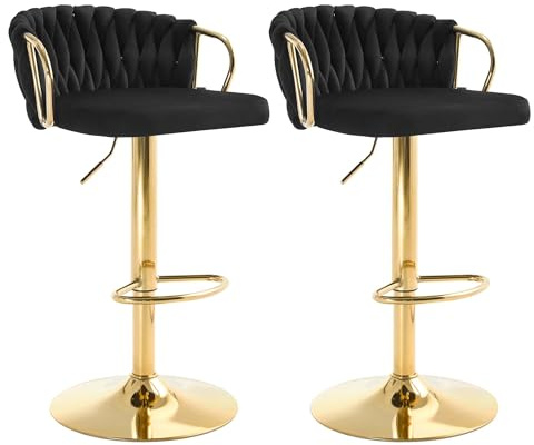 WOLTU Barhocker 2er Set, Barstühle höhenverstellbar 360° drehbar, Küchenhocker mit geflochtener Rückenlehne Fußstütze, Samtstuhl mit Metallrahmen, Schwarz, BH426sz-2