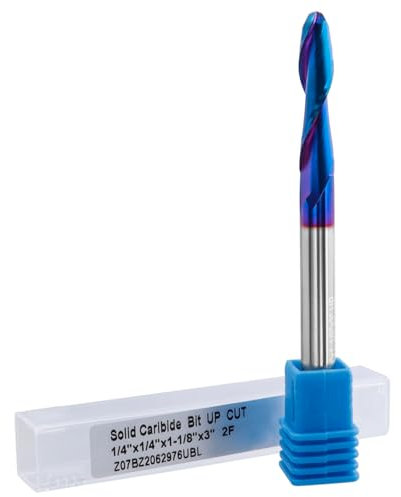 Mesee Ball Nose End Mill CNC Router Bit 1/4 Inch Shank Carbide Ball Nose Spiral Upcut Router Bit 1-1/8 Cutting Length Nano Blue Coating Ball End Milling Bit Woodworking Carving Tool, 1/4 Cutting Dia