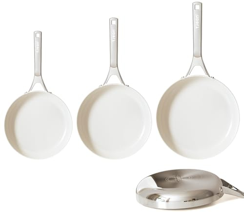 Tjean Nonstick Ceramic Frying Pan Set (No PFTE,PFOA,PFAS) Non Toxic Cookware Set with Stainless Steel Handle Compatible for Induction Gas Electric Ceramic Hob Oven (Cream White, 20+24+28cm)
