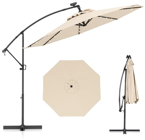 COSTWAY Sombrilla Terraza Exterior 3x3, Parasol Excentrico con 32 Luces LED Solar, Base Cruzada, Ajuste de Inclinación y Manivela, Rotación de 360°, Sombriila Jardin Terraza Balcón Patio (beige)