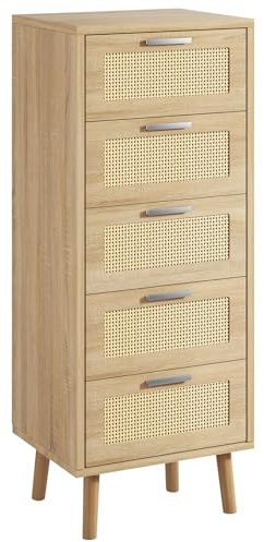 IBUYKE Cómoda Dormitorio, con 5 cajones Decorados de ratán, Mueble Cajonera con Patas de Madera, 40x34x108.5cm, Mueble Almacenaje Madera para Salón, Pasillo, Natural WST010N