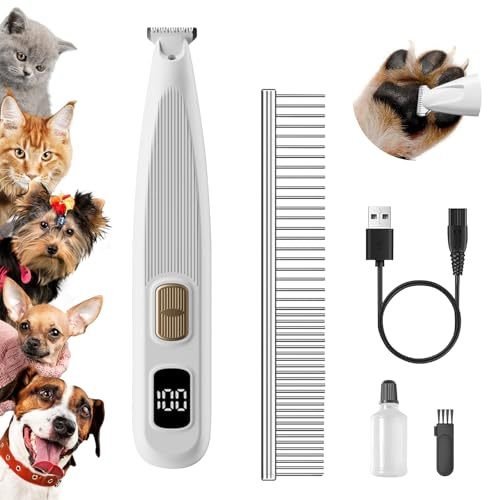 Tasstrimmer för hundar med LED-belysning, uppladdningsbar hundklippare, Paw Trim Pro för hundar och katter, tyst hundtasstrimmer med 2 justerbara hastigheter, ny digital skärm