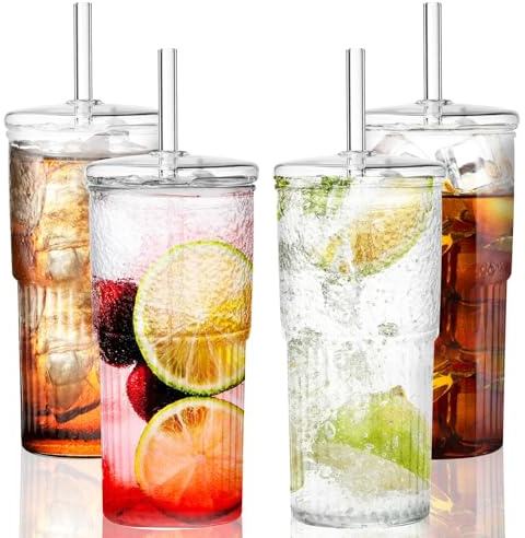 KOOSREEL Iced Coffee Cup, 4 Pack 20Oz/600ml Clear Glasses Cups with Lids and Glass Straws Drinking Glasses for Milk, Ice Water, Juice, Coffee, Soda,Cocktail,Cold or Hot Drinks