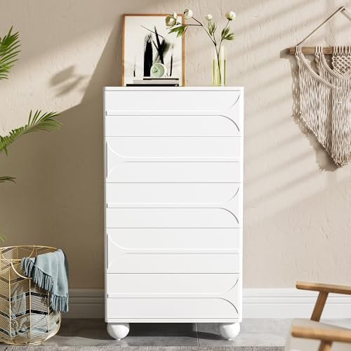 HAINEW Cómoda moderna con 5 cajones y patas redondas, armario de esquina de madera para dormitorio, salón, pasillo, 60 x 40 x 109 cm, color blanco