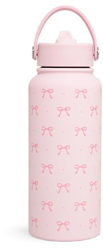 Nymora Pink Bow Water Bottle 1L (32oz) Insulated Water Bottle Stainless Steel Pink Girls Water Bottle with Straw for Women Girls, Ideal Birthday and Back to School Gift