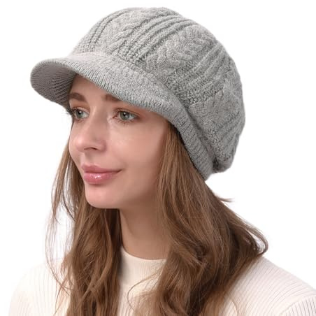 Cysocool Damen Dicke Strickmütze Wintermütze mit Schirm Warm Gestrickte Beanie Cap mit Fleecefutter Newsboy Cap Visier Warme Mütze Hut Barett Schnee Ski Schirmmütze