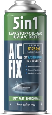 AC FIX 5-in-1 – R1234yf XL Refrigerant for Car Air Conditioning with Oil, Sealant, UV Dye, Desiccant – Quick Application – Protects the Compressor