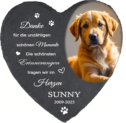 MOMGEGE Personalisierter Herz Haustier Gedenkstein aus Naturschiefer mit Foto Namen – Gedenktafel für Hund oder Katze – Liebevolles Trauergeschenk bei Tierverlust (003)