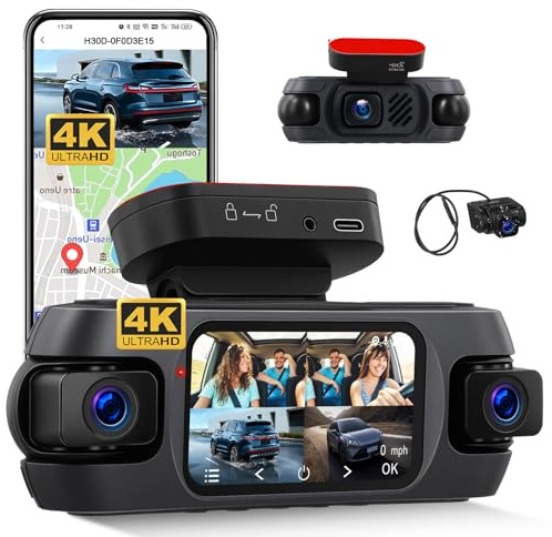 GOHHDL 4K Dashcam Avant et Arrière 360° avec GPS, Autocaméra avec Grand Angle 150°, Super Vision Nocturne, Surveillance du Stationnement, G-Sensor, Enregistrement en Boucle, APP, Aide au recul