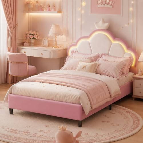 LieABak 3ft Single Upholstered Bed with LED, Girls Bed Princess Bed 90x190 cm with Adjustable Headboard, Single Platform Bed with Wooden Slatted Frame for Adults Kids Teenagers, Velvet, Pink