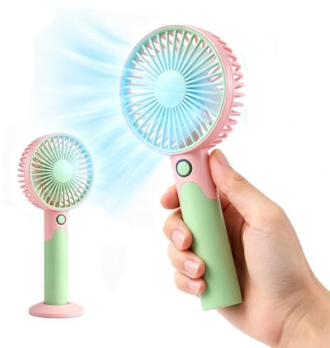 JYPS 2 in 1 Handheld & Desk Fan, USB Rechargeable Pastel Color Mini Fan, 6 Speed Super Powerful, Portable Personal Cooling Fan with Stand Base for Office Travel Outdoor Home(Pink+Green)