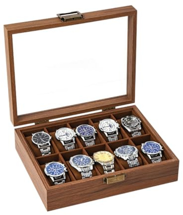 ROUREOX Custodia Display Conservazione Orologi Legno Coperchio Vetro Finitura Grana Marrone Organizer Orologi Multiple Slot Set per Rolex/OMEGA/Cartier - 27 * 21.5 * 8cm