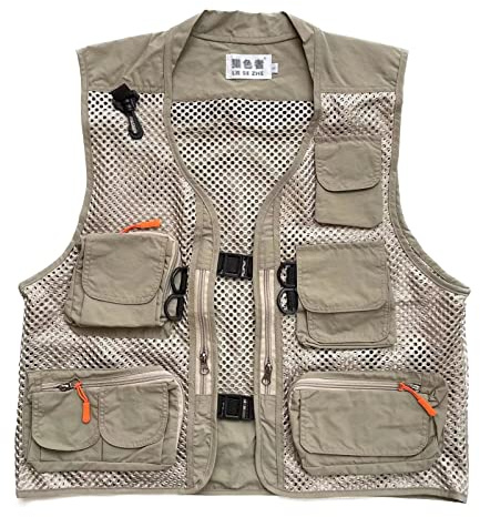 Rizanee Men Mesh Breathable Multi-Pocket Vest Outdoor Travelers Fly Fishing Photography (Khaki, US L/Tag 2XL)