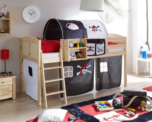 Sparpaket Hochbett Spielbett Eric Landhaus Kiefer massiv Natur, Vorhangstoff:Pirat Schwarz Weiss