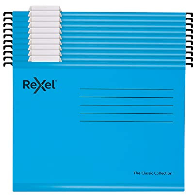Rexel Classic A4 Reinforced Filing Cabinet Suspension Files with Dividers, 15 mm V base, 100 Percent Recycled Card, Blue, Pack of 10, 2115595