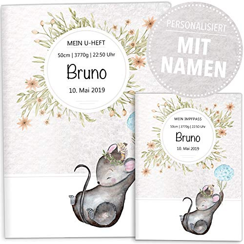 OLGS U-Heft Hüllen Set | Baby Tiere | Hochwertige Hüllen für Kinder Untersuchungsheft & Impfpass | Geschenkidee personalisierbar mit Namen, Geburtsdatum (Uhefthülle Set personalisiert, Maus)